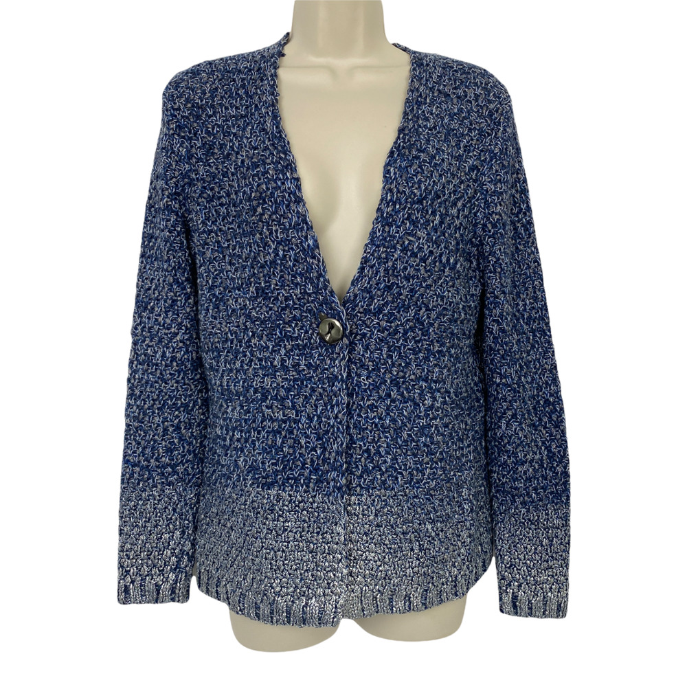 Coldwater Creek Cardigan Sweater Small 8 Linen Blend Blue Silver Long Sleeve